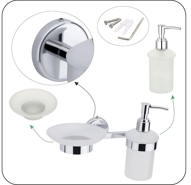 KANJAL Liquid soap Dispenser with soap case Holder for washbasin Liquid Dispenser and saop Dish for Bathroom soap Holders dispensers 29304 Stainless SteelChrome FinishFrosted Glass - Image 5