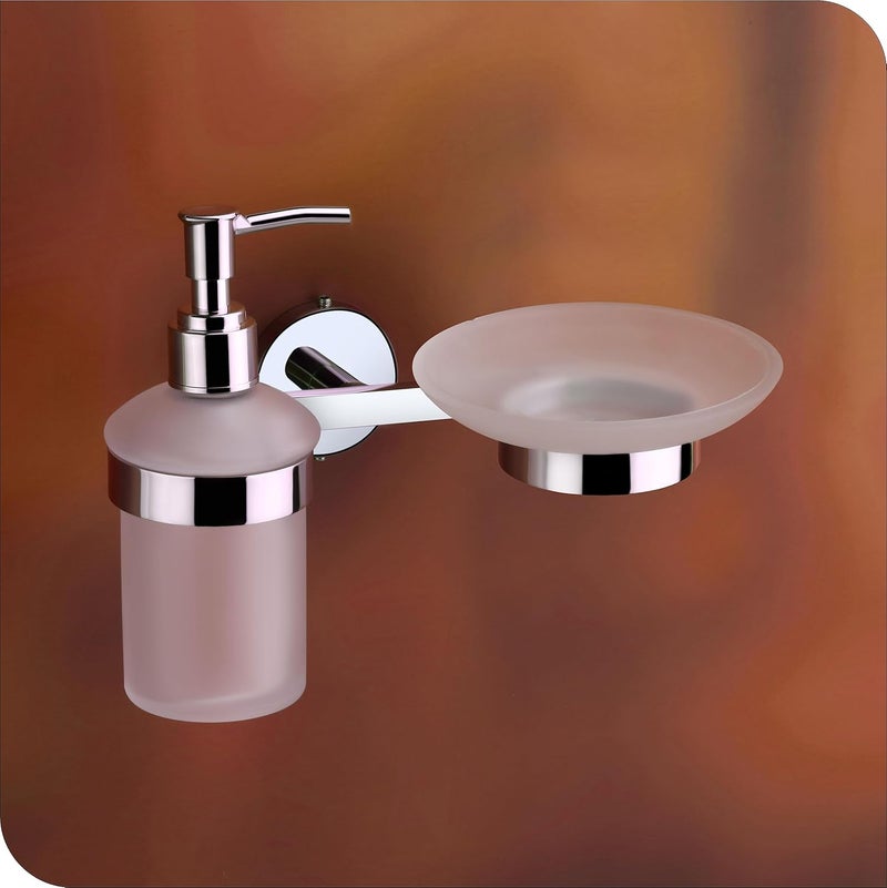 KANJAL Liquid soap Dispenser with soap case Holder for washbasin Liquid Dispenser and saop Dish for Bathroom soap Holders dispensers 29304 Stainless SteelChrome FinishFrosted Glass - Image 1