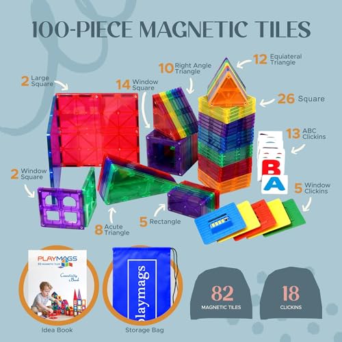 Playmags Magnetic Tiles for Kids – 100pcs Magnet Building Set for Toddlers Ages 1-5 | Stem Montessori Toy for 2 3 4 Year Old Boys & Girls | Toys for Toddlers, Preschool & Middle School Children - Image 2
