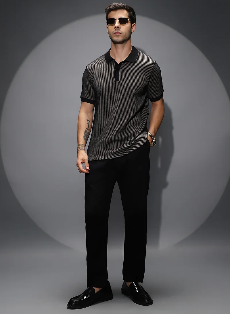 Campus Sutra Men's Black & White Optical-Illusion Polo T-Shirt For Casual Wear | Polo Neck | Short Cuffed Sleeves | Half-Button Closure | T-Shirt Crafted With Comfort Fit For Everyday Wear