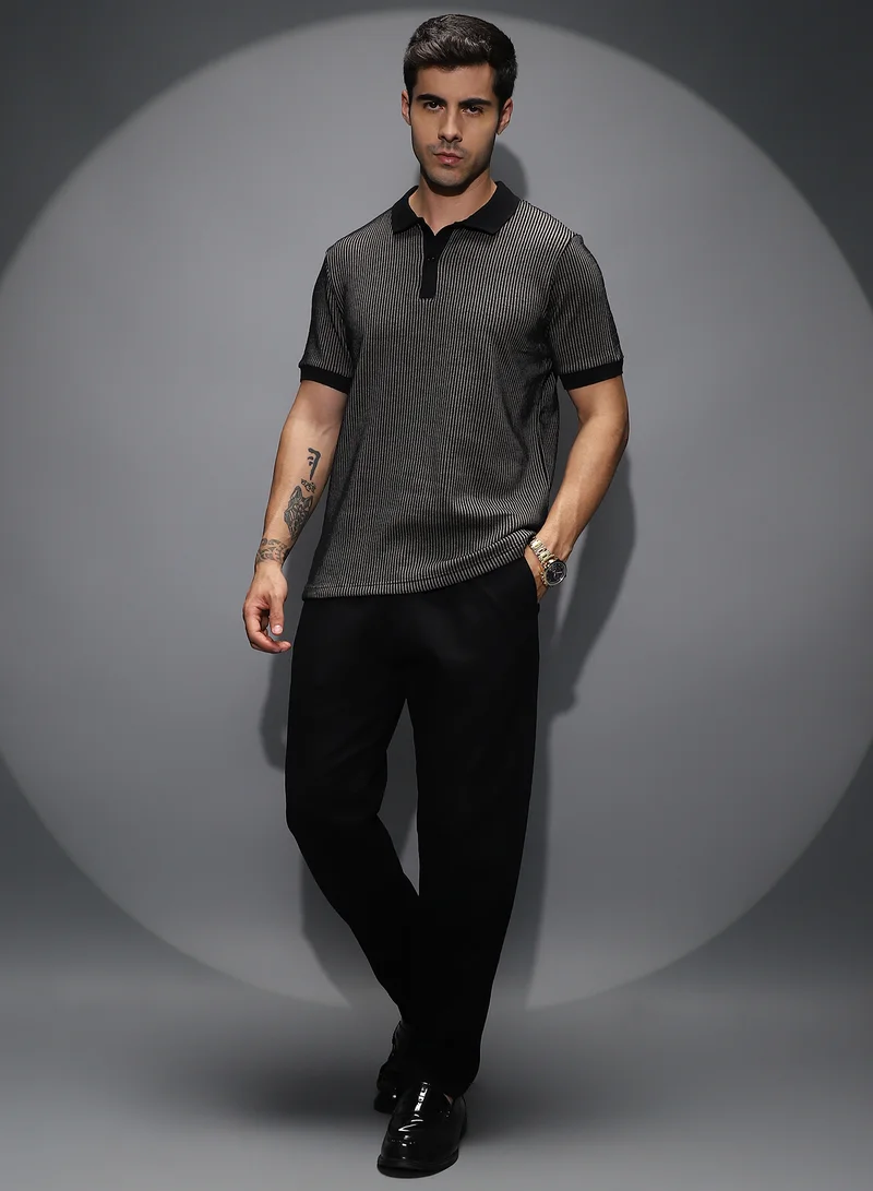 Campus Sutra Men's Black & White Optical-Illusion Polo T-Shirt For Casual Wear | Polo Neck | Short Cuffed Sleeves | Half-Button Closure | T-Shirt Crafted With Comfort Fit For Everyday Wear