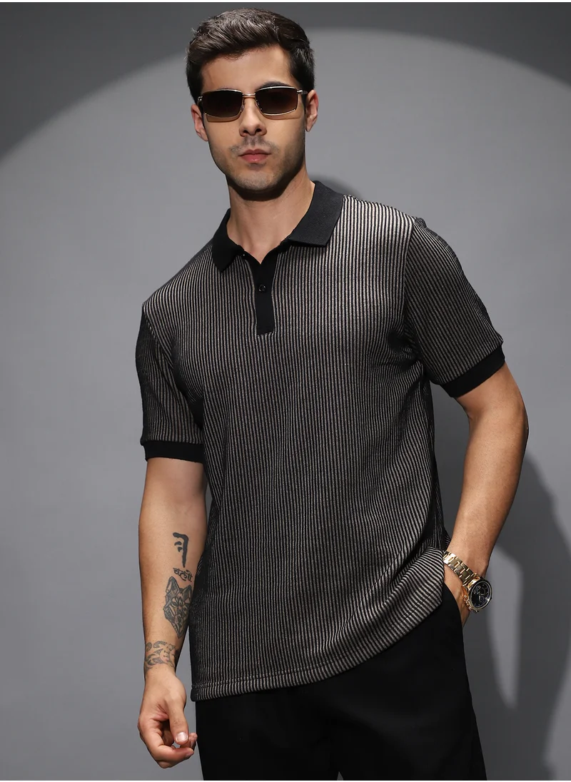 Campus Sutra Men's Black & White Optical-Illusion Polo T-Shirt For Casual Wear | Polo Neck | Short Cuffed Sleeves | Half-Button Closure | T-Shirt Crafted With Comfort Fit For Everyday Wear