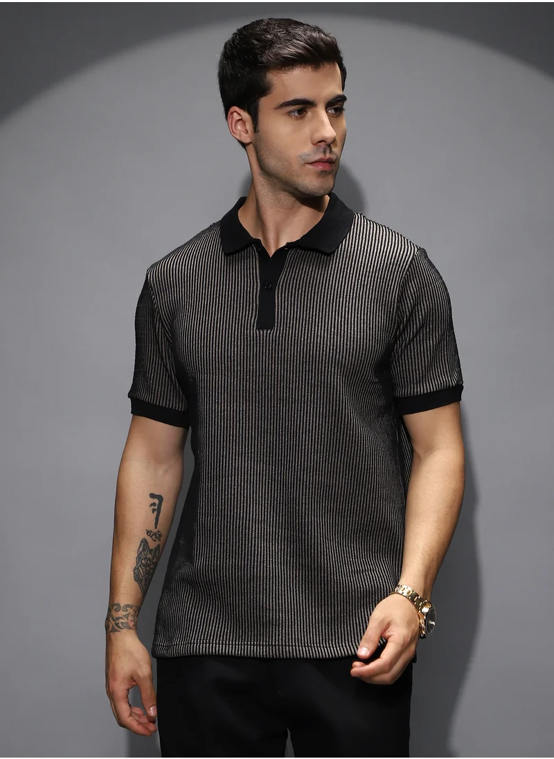 Campus Sutra Men's Black & White Optical-Illusion Polo T-Shirt For Casual Wear | Polo Neck | Short Cuffed Sleeves | Half-Button Closure | T-Shirt Crafted With Comfort Fit For Everyday Wear