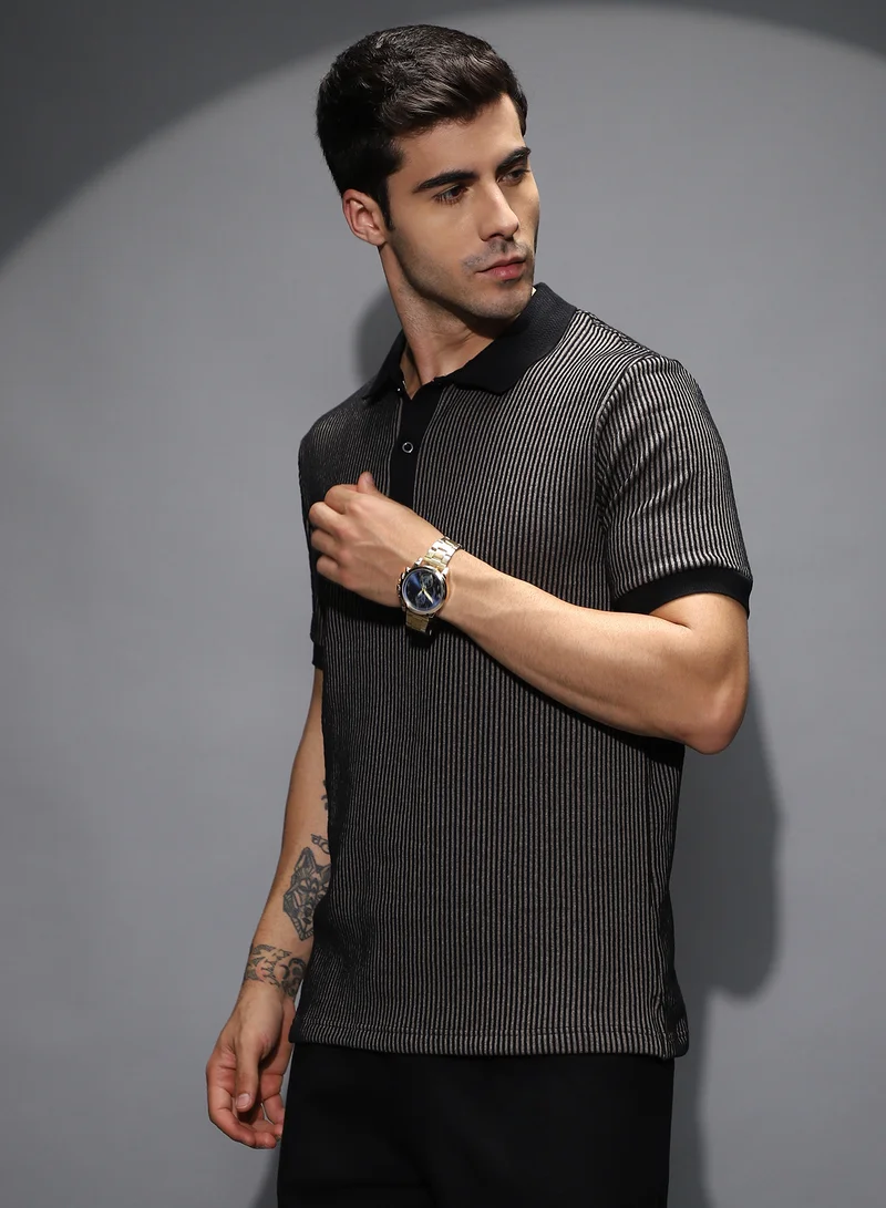 Campus Sutra Men's Black & White Optical-Illusion Polo T-Shirt For Casual Wear | Polo Neck | Short Cuffed Sleeves | Half-Button Closure | T-Shirt Crafted With Comfort Fit For Everyday Wear