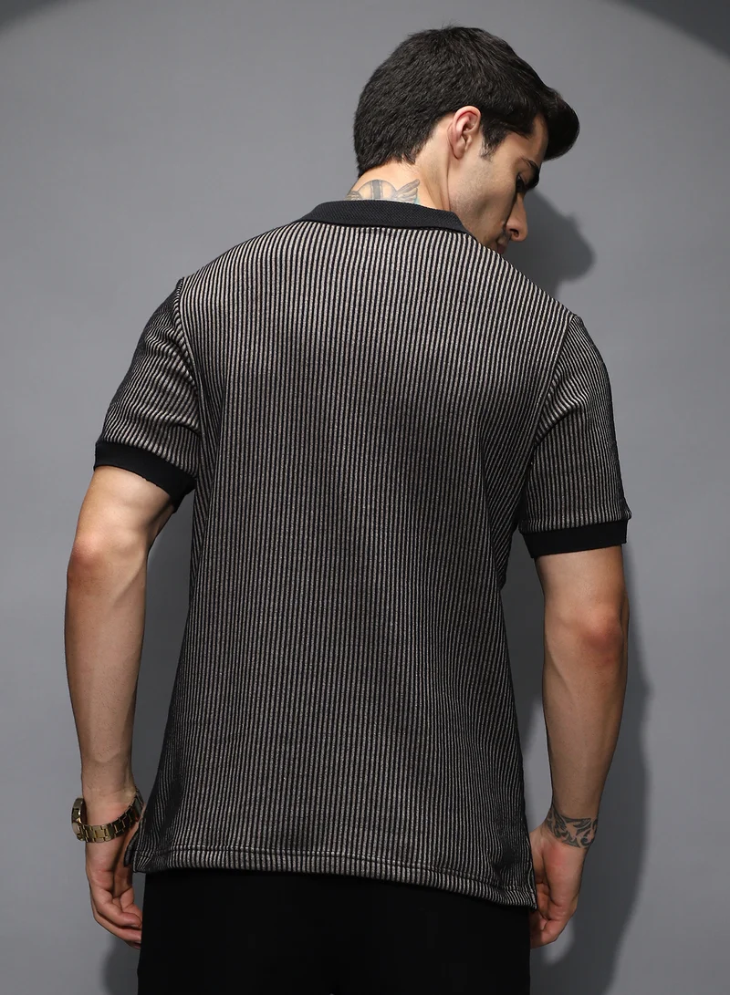 Campus Sutra Men's Black & White Optical-Illusion Polo T-Shirt For Casual Wear | Polo Neck | Short Cuffed Sleeves | Half-Button Closure | T-Shirt Crafted With Comfort Fit For Everyday Wear