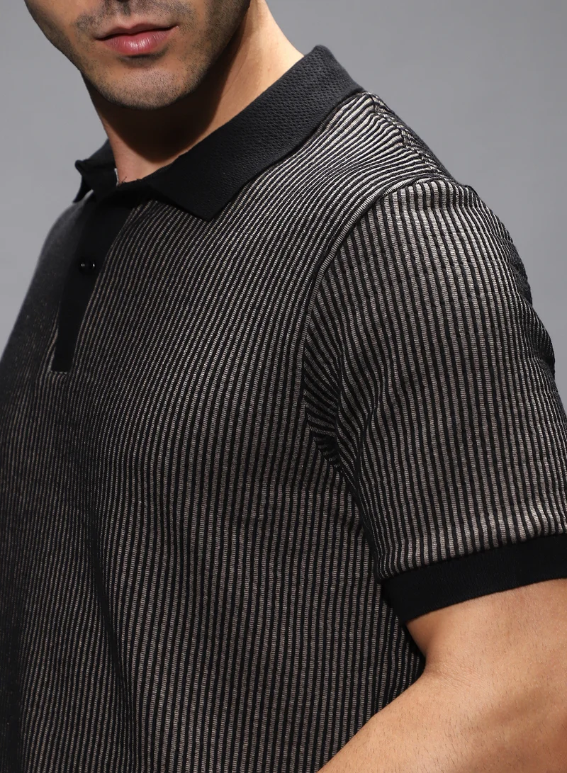 Campus Sutra Men's Black & White Optical-Illusion Polo T-Shirt For Casual Wear | Polo Neck | Short Cuffed Sleeves | Half-Button Closure | T-Shirt Crafted With Comfort Fit For Everyday Wear