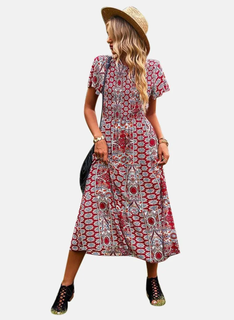 YUNIQEE Red Printed A-Line Midi Dress