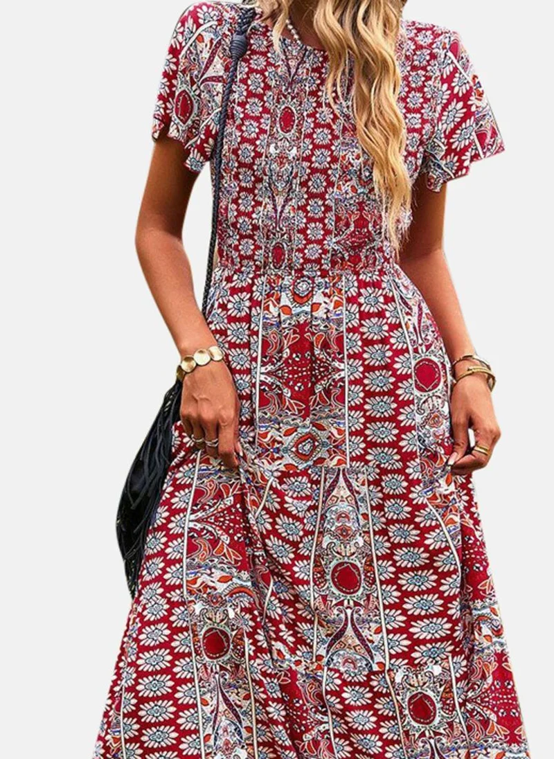 YUNIQEE Red Printed A-Line Midi Dress