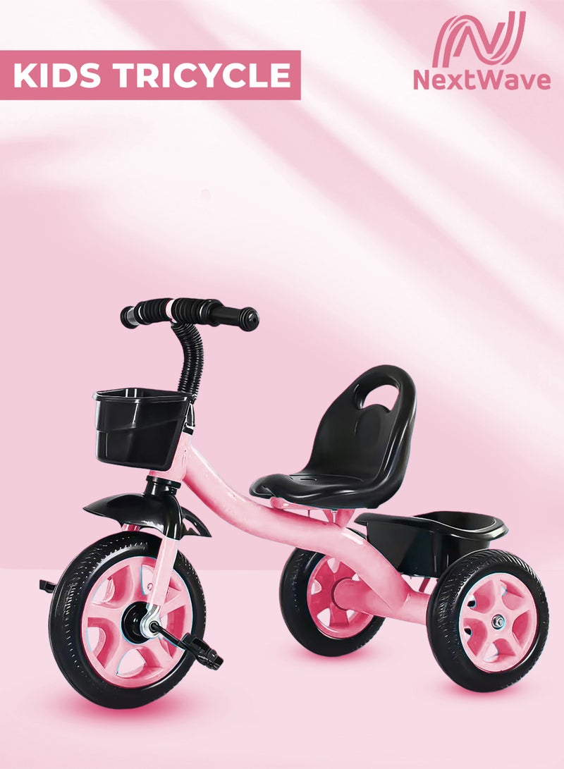 الموجة التالية دراجة ثلاثية العجلات للأطفال بمقبض دفع - مقعد ومسند ظهر قابلان للتعديل - دراجة ثلاثية العجلات للأطفال بعجلات EVA وصينية تخزين - دراجة ثلاثية العجلات للأطفال الصغار من عمر 3 إلى 8 سنوات - دراجة ثلاثية العجلات للأطفال باللون الوردي - Image 1