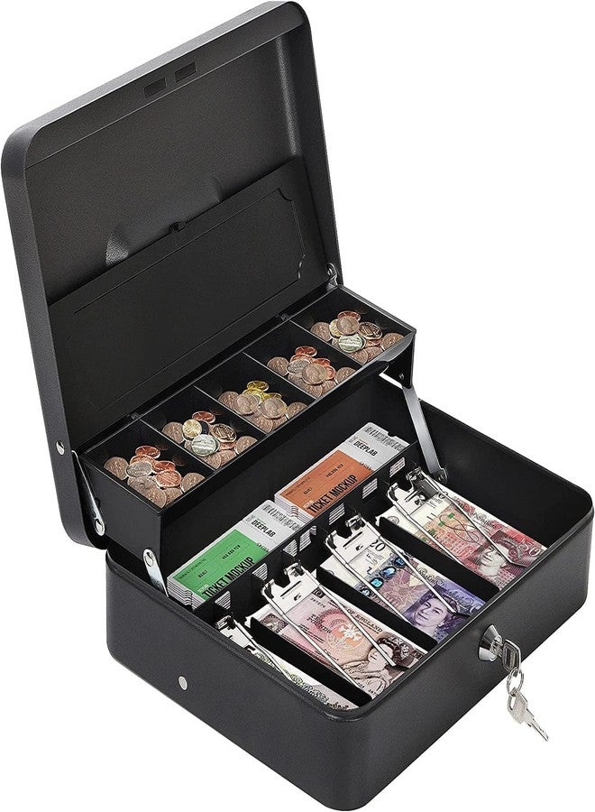 SUNBEET Metal Money Box with Key and 5 Coin Compartments, 4 Note Spring-Loaded Clips Easy to Carry Handel Note Security Box (METAL MONEY BOX) - Image 1