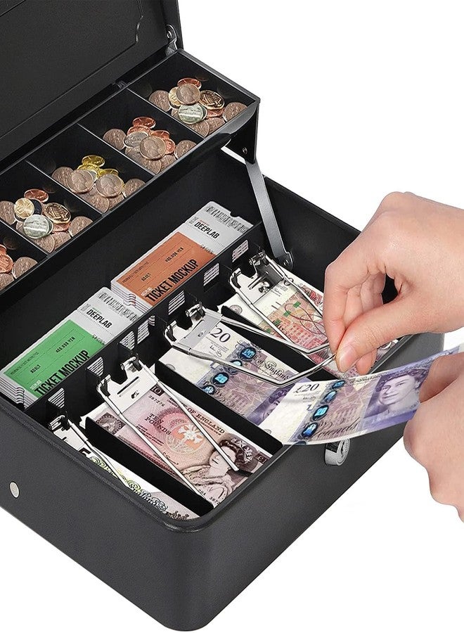 SUNBEET Metal Money Box with Key and 5 Coin Compartments, 4 Note Spring-Loaded Clips Easy to Carry Handel Note Security Box (METAL MONEY BOX) - Image 3