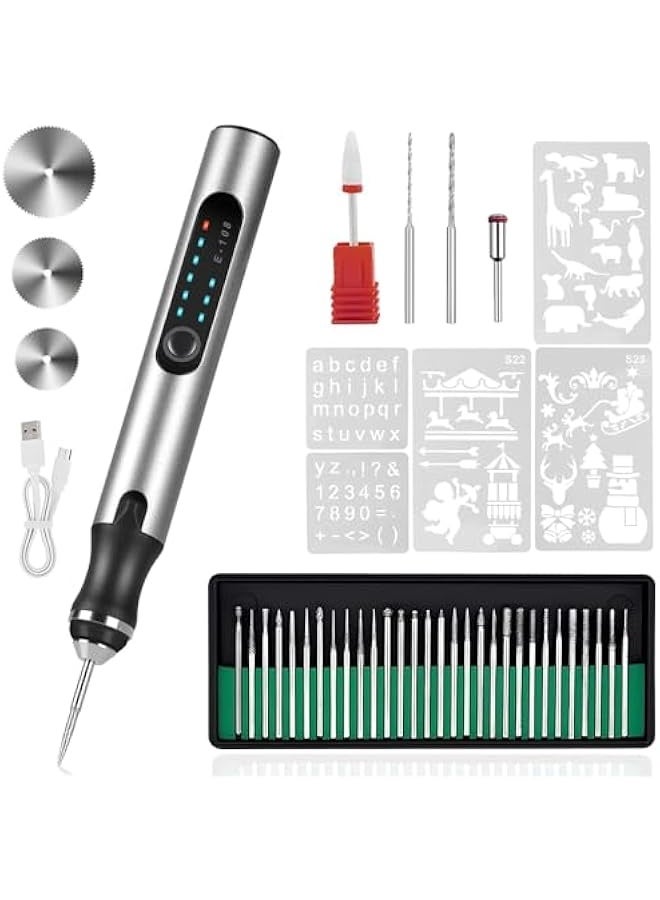 Topleo Electric Engraving Pen with 37 Bits, USB Rechargeable Cordless Engraving Machine, Portable Mini Engraver Tools, DIY Rotary Etching Pen for Jewelry Wood Glass Stone Carving (Silver) - Image 1