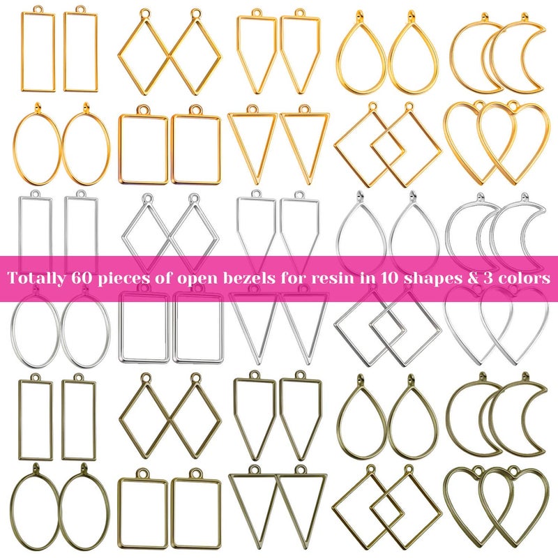 shynek Open Bezels for Resin, Shynek 60Pcs Hollow Frame Pendants Resin Craft Bezels Jewelry Molds for Resin Casting, Necklaces Earrings Making Supplies - Image 2