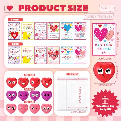 Jerify 200 Pcs Valentines Heart Shape Stress Ball with Cards Stress Relief Fidget Toy for Valentine Party Favors Greeting Cards Gifts Classroom Gift Exchange - Image 5