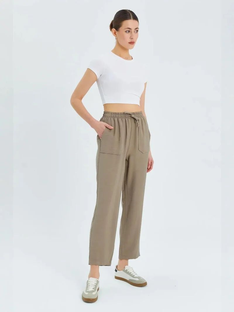 MixRay Beige Natural Mixray High Waist Carrot Fit Pants with Drawstring Waist for Women | Best Price UAE