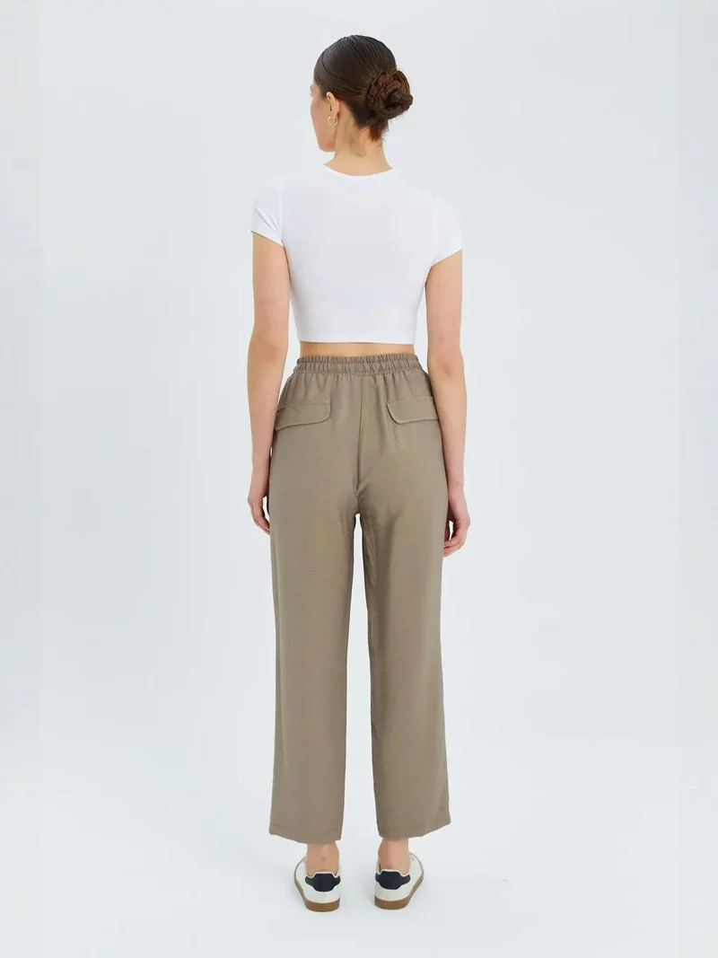 MixRay Beige Natural Mixray High Waist Carrot Fit Pants with Drawstring Waist for Women | Best Price UAE