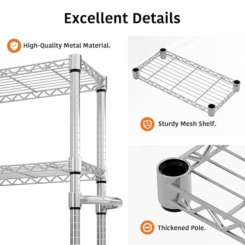 MilleLoom Metal Storage Shelves 5 Tier with Wheels, 1100 LBS Adjustable Wire Shelving Rack Shelves Units with Side Handle for Hanging, Rolling Shelf Organizer for Kitchen Garage, 11.8" W x 23.6" D x 61"H,Silver - Image 5