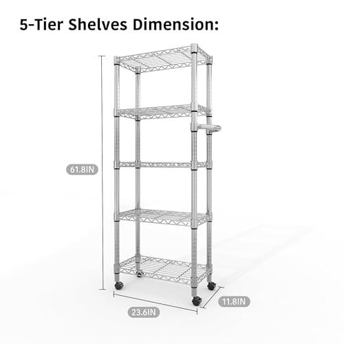 MilleLoom Metal Storage Shelves 5 Tier with Wheels, 1100 LBS Adjustable Wire Shelving Rack Shelves Units with Side Handle for Hanging, Rolling Shelf Organizer for Kitchen Garage, 11.8" W x 23.6" D x 61"H,Silver - Image 2