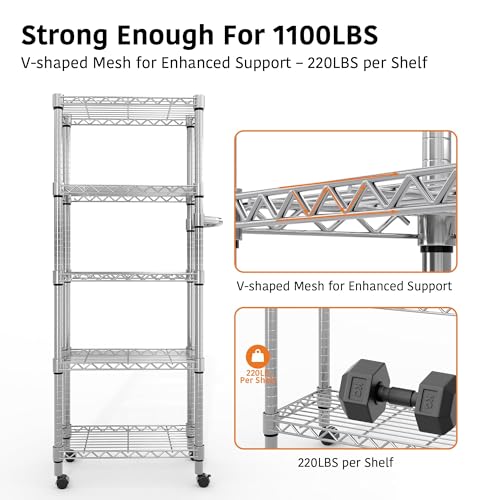 MilleLoom Metal Storage Shelves 5 Tier with Wheels, 1100 LBS Adjustable Wire Shelving Rack Shelves Units with Side Handle for Hanging, Rolling Shelf Organizer for Kitchen Garage, 11.8" W x 23.6" D x 61"H,Silver - Image 3
