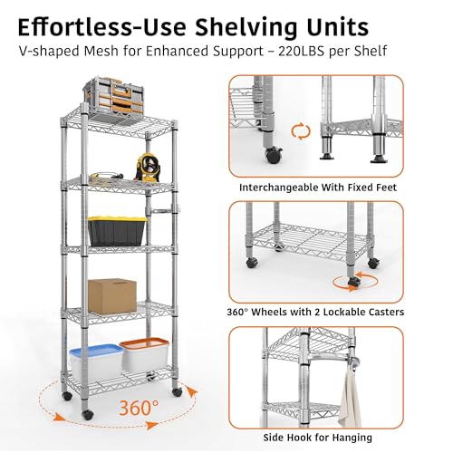 MilleLoom Metal Storage Shelves 5 Tier with Wheels, 1100 LBS Adjustable Wire Shelving Rack Shelves Units with Side Handle for Hanging, Rolling Shelf Organizer for Kitchen Garage, 11.8" W x 23.6" D x 61"H,Silver - Image 4