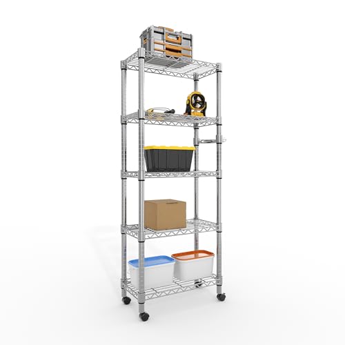 MilleLoom Metal Storage Shelves 5 Tier with Wheels, 1100 LBS Adjustable Wire Shelving Rack Shelves Units with Side Handle for Hanging, Rolling Shelf Organizer for Kitchen Garage, 11.8" W x 23.6" D x 61"H,Silver - Image 1