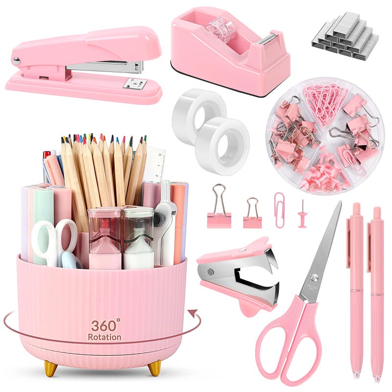 SKYDUE Pink Desk Accessories 10Pcs, Rotating Pen Holder for Desk, Stapler, Staple Remover, Tape Dispenser,2pcs Tape Refills, Binder Paper Clips Kit, Scissor,Pink Office School Supplies - Image 1