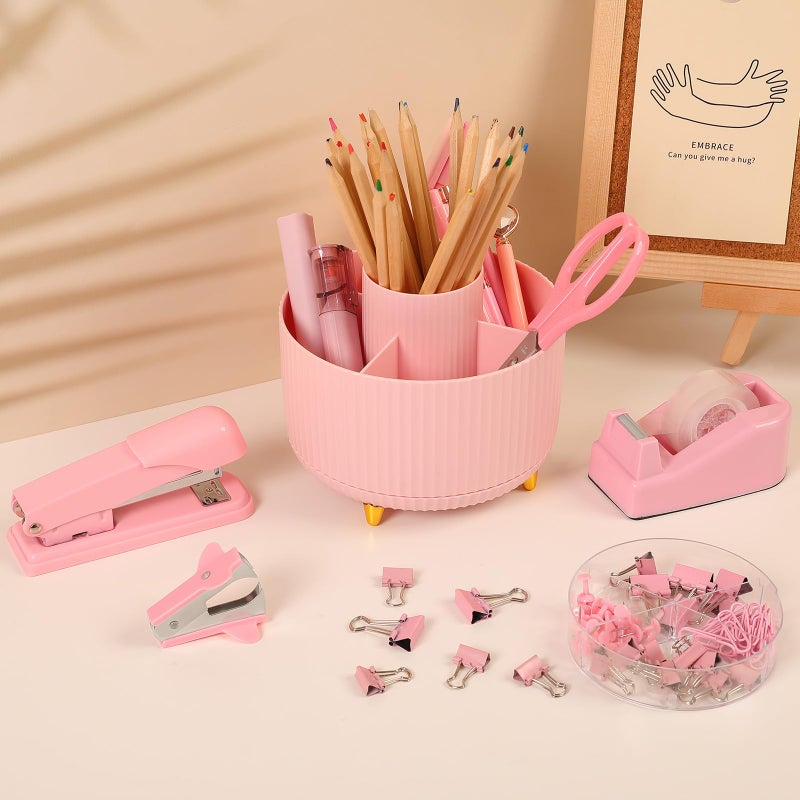 SKYDUE Pink Desk Accessories 10Pcs, Rotating Pen Holder for Desk, Stapler, Staple Remover, Tape Dispenser,2pcs Tape Refills, Binder Paper Clips Kit, Scissor,Pink Office School Supplies - Image 2