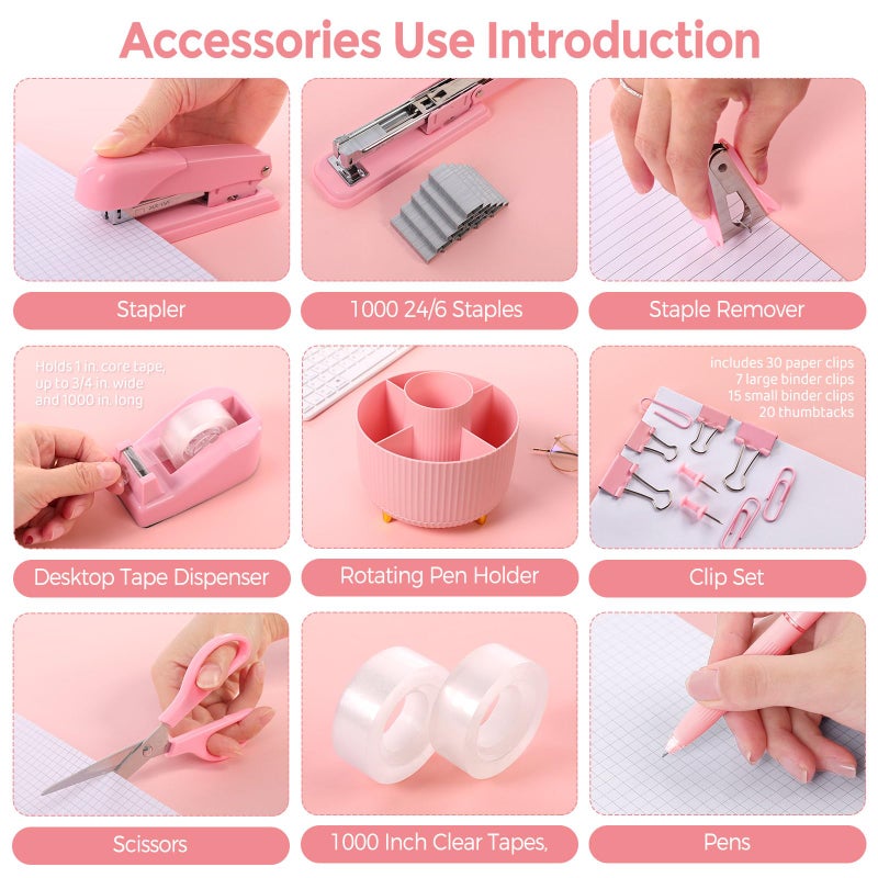 SKYDUE Pink Desk Accessories 10Pcs, Rotating Pen Holder for Desk, Stapler, Staple Remover, Tape Dispenser,2pcs Tape Refills, Binder Paper Clips Kit, Scissor,Pink Office School Supplies - Image 3