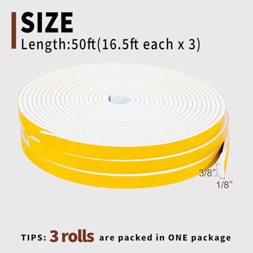 Yotache Weather Stripping Door Seal Strip White 3/8" x1/8", 50Ft Total, Foam Insulation Tape Gasket for Door Frame and Windows, 3 Rolls x 16.5Ft - Image 3