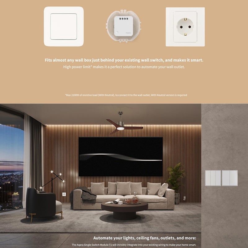 وحدة مفاتيح تبديل أحادية الاتجاه Aqara T1 (مُتحكم ريلاي لاسلكي) مع تقنية Zigbee 3.0 مع أو بدون موصل محايد - منبهات منزل ذكي ورصد طاقة - Image 2