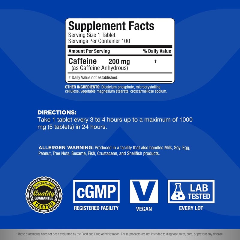 AllMax Nutrition حبوب الكافيين من ALLMAX للتغذية طاقة مستدامة قبل التمرين تركيز ذهني امتصاص سريع نباتي 200 ملغ 100 قرص - Image 2