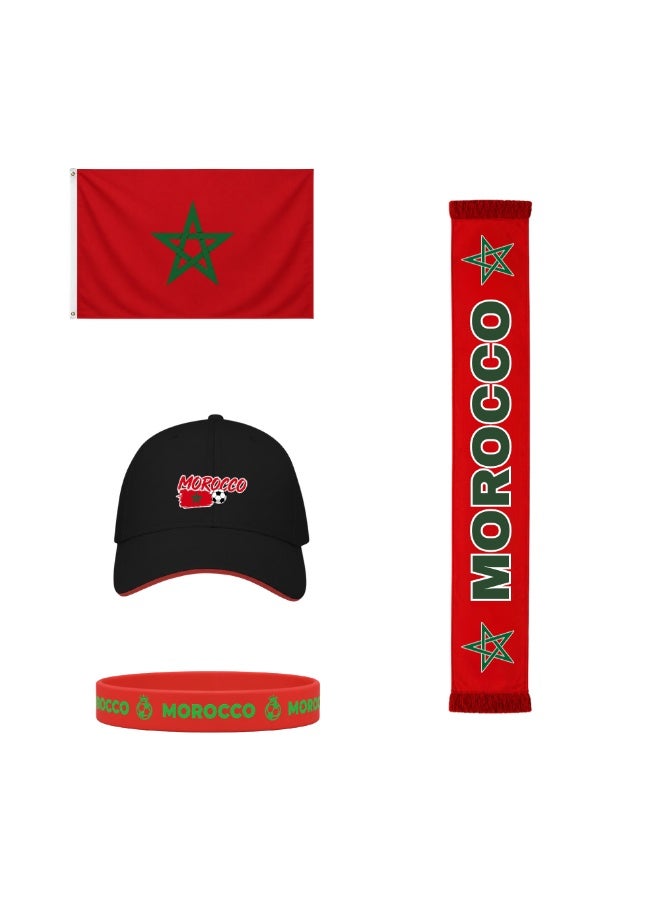 PRINTSHOP4ME Morocco Soccer Sports Combo Pack | Set of 4 | Flag, Scarf, Cap and Silicone Wristband | Adult Unisex Football Match Wear - Image 1