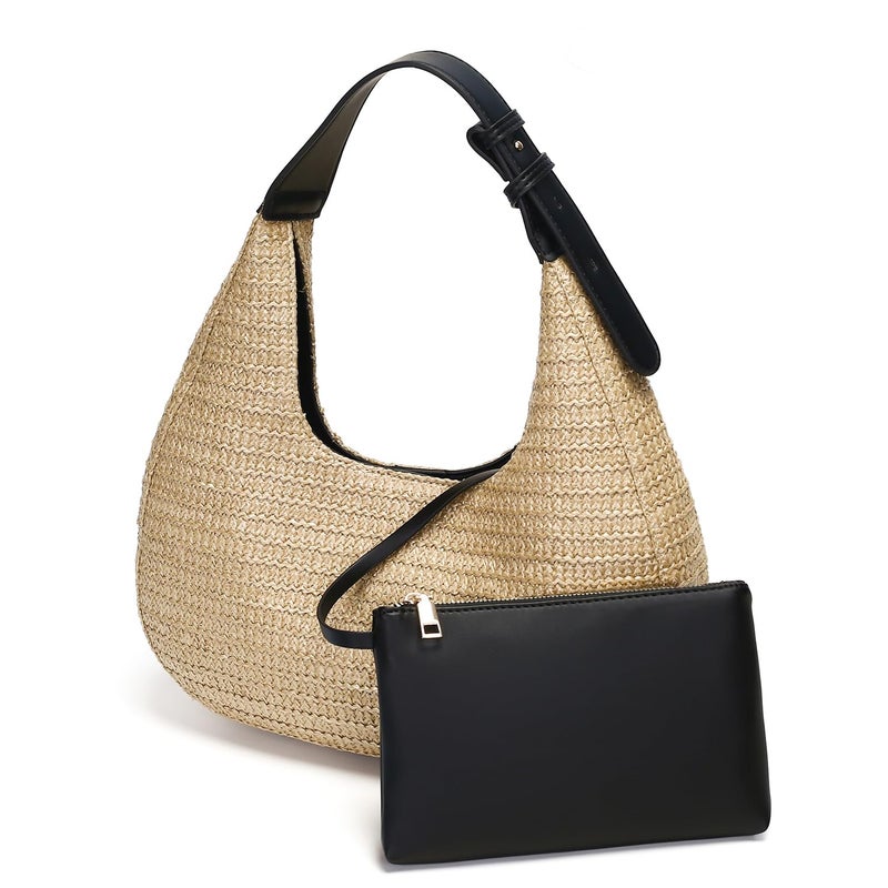 Herald Hobo Crescent Straw Handbag for Women, Summer Beach Tote Bag Purse Top Handle Satchel with Adjustable Strap (Black) - Image 1