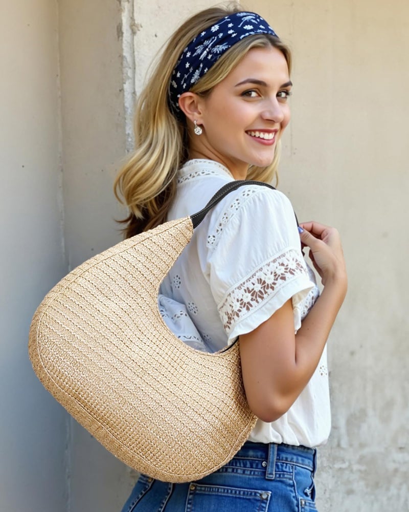 Herald Hobo Crescent Straw Handbag for Women, Summer Beach Tote Bag Purse Top Handle Satchel with Adjustable Strap (Black) - Image 2