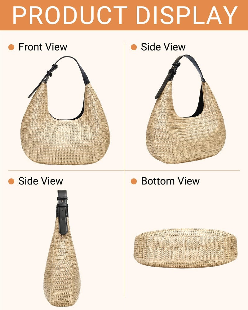 Herald Hobo Crescent Straw Handbag for Women, Summer Beach Tote Bag Purse Top Handle Satchel with Adjustable Strap (Black) - Image 4