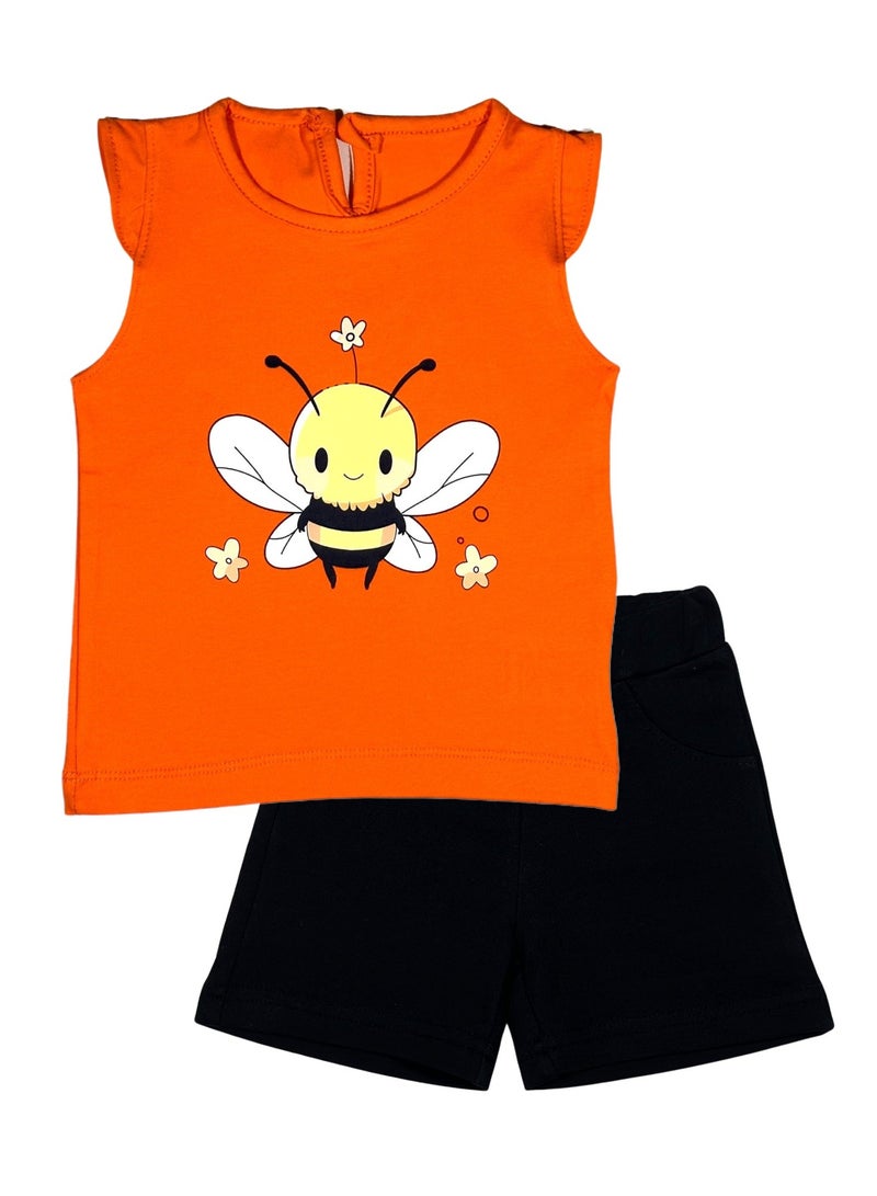 Baby Co. Bee Orange Short Girls Set (Orange T-shirt + Black Shorts) - Image 1