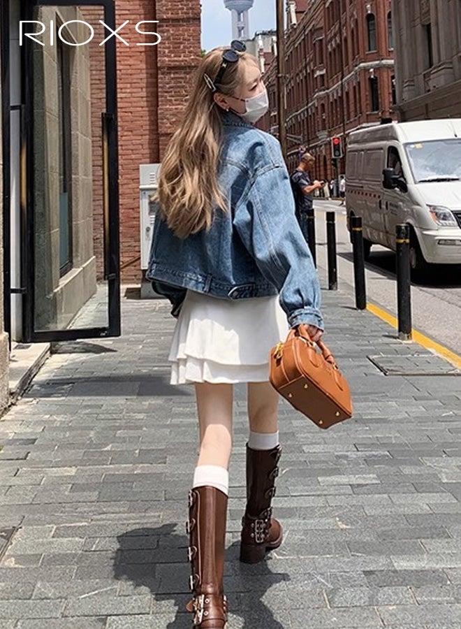 ريوكس أحذية نسائية طويلة حتى الركبة، أحذية عصرية بإبزيم ومقدمة مربعة، أحذية روكي نسائية طويلة حتى الركبة، أحذية راكبي الدراجات النارية بكعب سميك وساق عريضة، أحذية دراجات نارية بنية داكنة، أحذية فارس للنزهات/الحفلات الريفية - Image 5