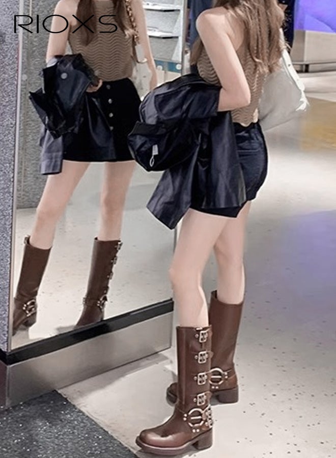 ريوكس أحذية نسائية طويلة حتى الركبة، أحذية عصرية بإبزيم ومقدمة مربعة، أحذية روكي نسائية طويلة حتى الركبة، أحذية راكبي الدراجات النارية بكعب سميك وساق عريضة، أحذية دراجات نارية بنية داكنة، أحذية فارس للنزهات/الحفلات الريفية - Image 4