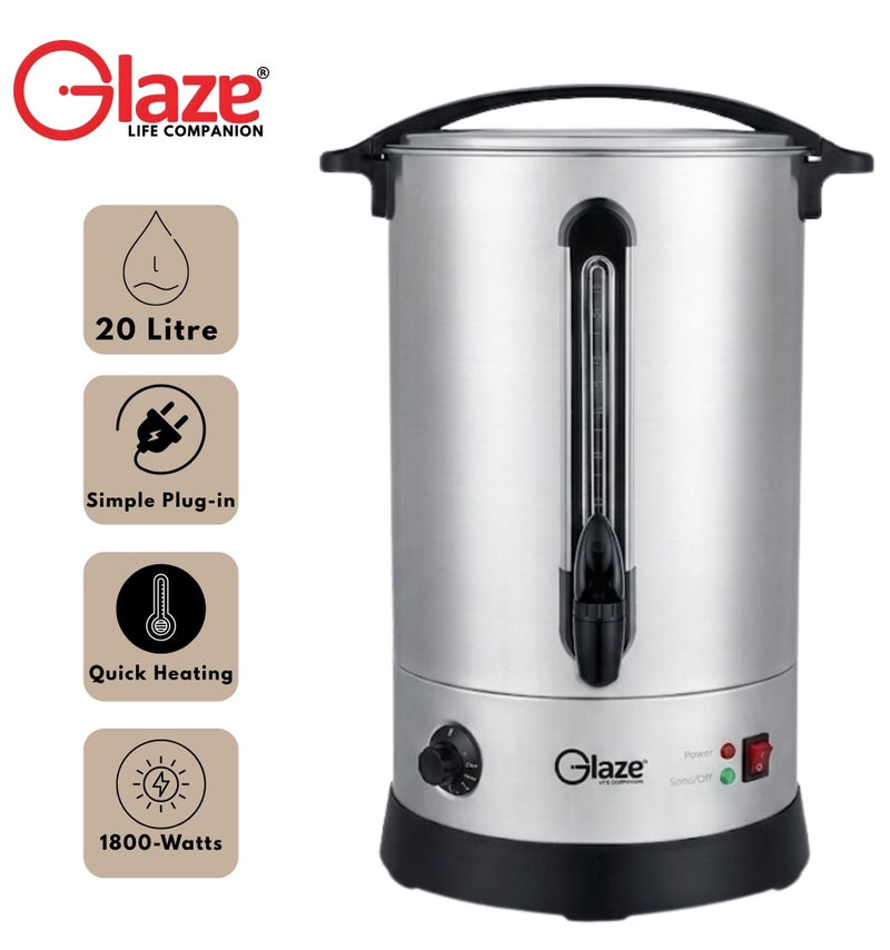 Glaze 20-Litre Electric Water Boiler & Urn Heater - 1800W Premium 304 Stainless Steel Catering Kettle with Adjustable Temperature Control, Secure Locking Lid & Water Level Indicator - Silver - Image 1