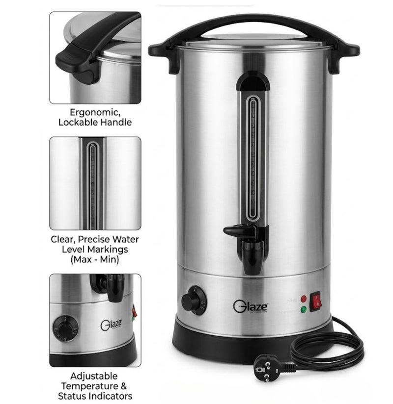 Glaze 20-Litre Electric Water Boiler & Urn Heater - 1800W Premium 304 Stainless Steel Catering Kettle with Adjustable Temperature Control, Secure Locking Lid & Water Level Indicator - Silver - Image 4