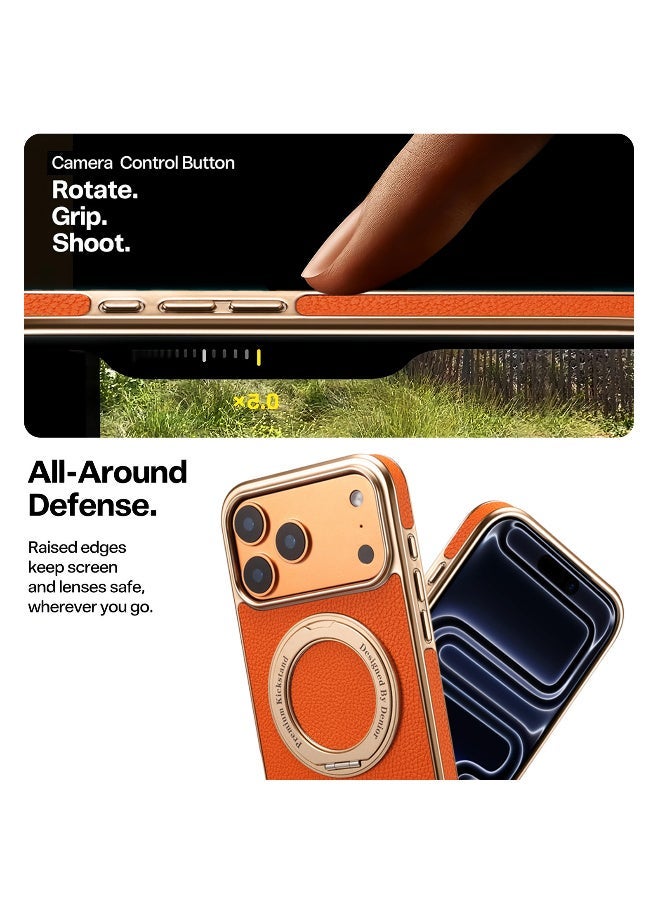 دينيور جراب MagSafe لهاتف iPhone 17 Pro، غطاء خلفي مغناطيسي، أغطية جلدية أصلية مع حامل غير مرئي دوار 360 درجة، مقاوم للصدمات والسقوط بالكامل، متوافق مع ملحقات Apple 17 Pro - (برتقالي) - Image 4