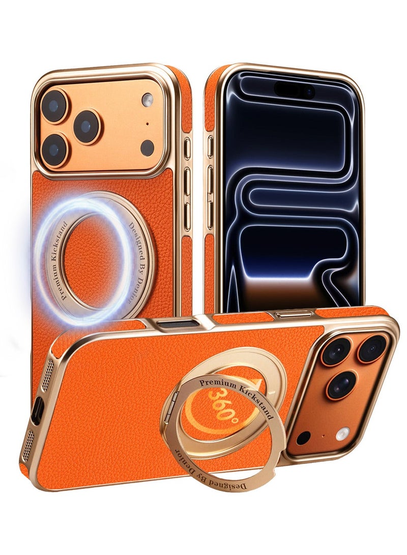 دينيور جراب MagSafe لهاتف iPhone 17 Pro، غطاء خلفي مغناطيسي، أغطية جلدية أصلية مع حامل غير مرئي دوار 360 درجة، مقاوم للصدمات والسقوط بالكامل، متوافق مع ملحقات Apple 17 Pro - (برتقالي) - Image 1