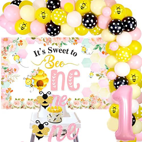Balterever Bee 1st Birthday Decorations for Girl Bee Birthday Balloon Garland Kit Pink Yellow Its Sweet to Bee One Backdrop Cake Topper High Chair Banner for Honey 1st Bday Bee Themed Party - Image 1