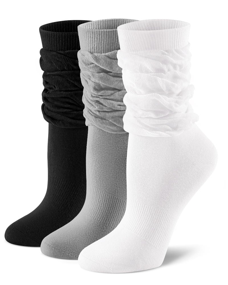 FITRELL Slouch Crew Socks for Women, 3 Pairs Soft Cotton Mid Calf Cute Retro Scrunch Socks, White+grey+black, S-M - Image 1