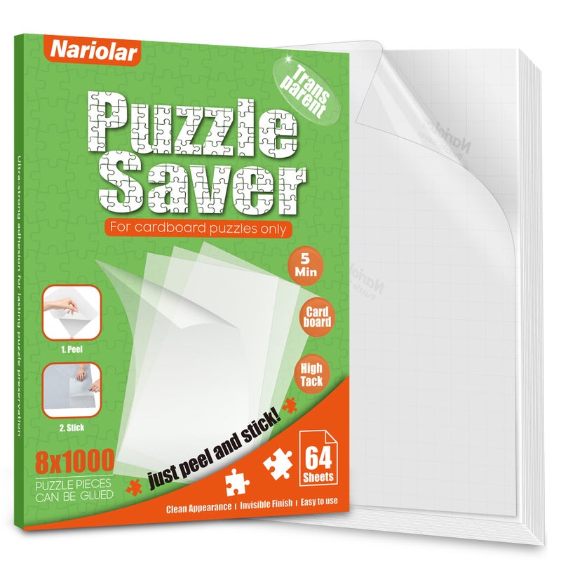 Nariolar Ultra-Adhesion Transparent Puzzle Glue Sheets, 64 Puzzle Saver Sheets for Preserving Up to 8x1000-Piece Jigsaws - Image 1