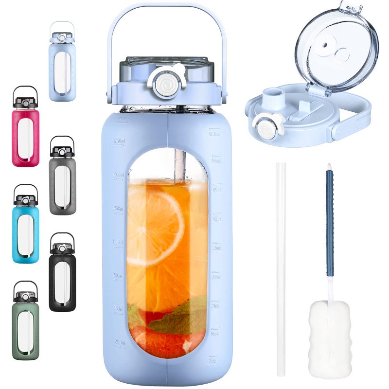 BLUEGO 64 oz Glass Water Bottles with Straw Time Marker Half Gallon Large Motivational Water Bottle with Silicone Sleeve 2 Liter Large Glass Water Jug for Gym  Sports& Workout  Light Blue