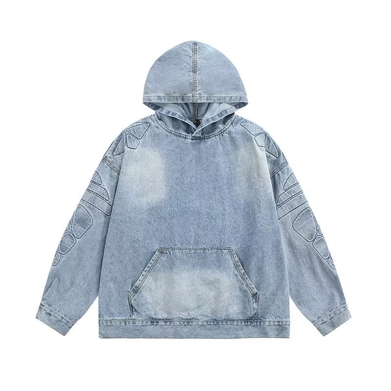 American Retro Distressed Loose Sports Denim Hooded Jacket Men'S Fashion Brand Hip Hop Pu Handsome Sweater Jacket - Image 3