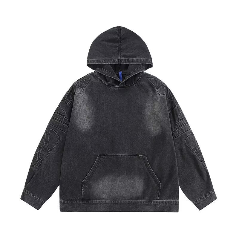 American Retro Distressed Loose Sports Denim Hooded Jacket Men'S Fashion Brand Hip Hop Pu Handsome Sweater Jacket - Image 2