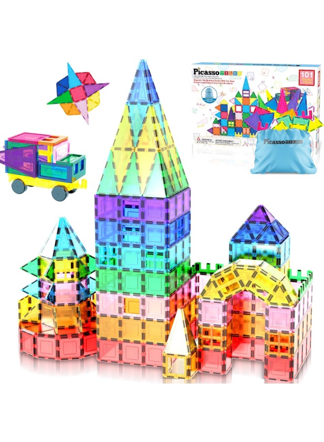 PicassoTiles Picasso Magnetic Tiles Car Base with Carry Bag 101pieces - Image 1