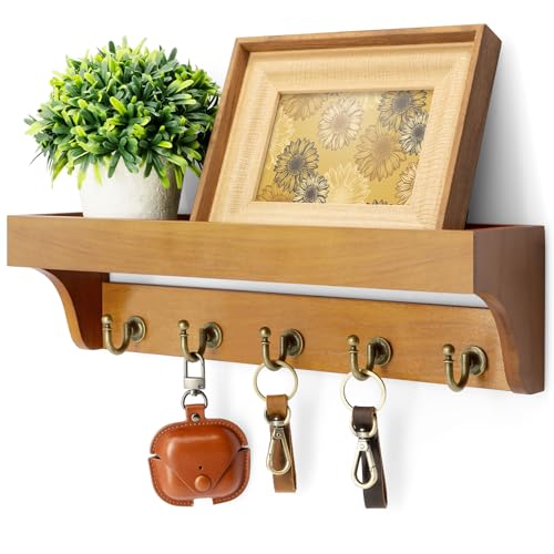 Rebee Vision Decorative Key Holder for Wall with Shelf: Farmhouse Mail Rack with 5 Sturdy Key Hooks for Home Decor, Apartment, Entryway and Hallway (Light Brown) - Image 1